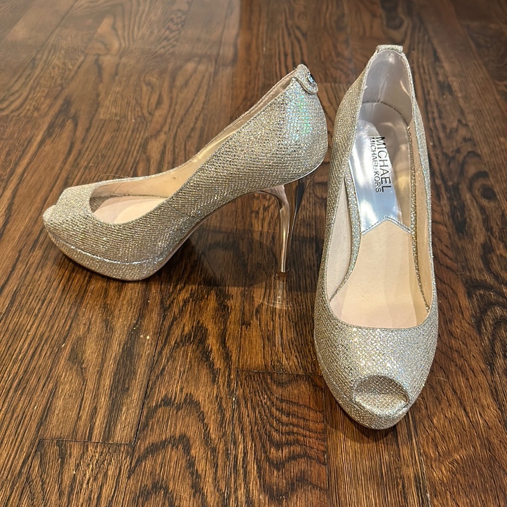 Michael Kors platform peep toe heels. Size 7. Silver sparkle.